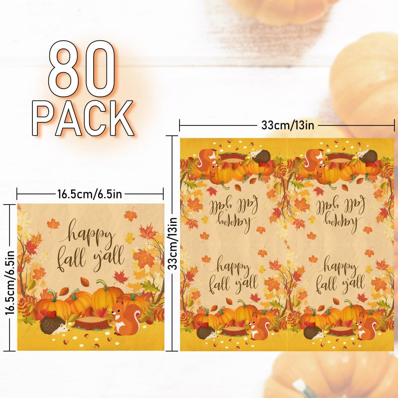 وولاين Whaline 80 حزمة من المناديل ذات طابع الخريف، مقاس 6.5 × 6.5 بوصة، مناديل أوراق الخريف الملونة على شكل يقطين للاستعمال مرة واحدة، مناديل غداء وعشاء للاستعمال مرة واحدة من أجل احتفالات عيد الشكر، وجمع لوازم ديكور الطاولة - Image 2